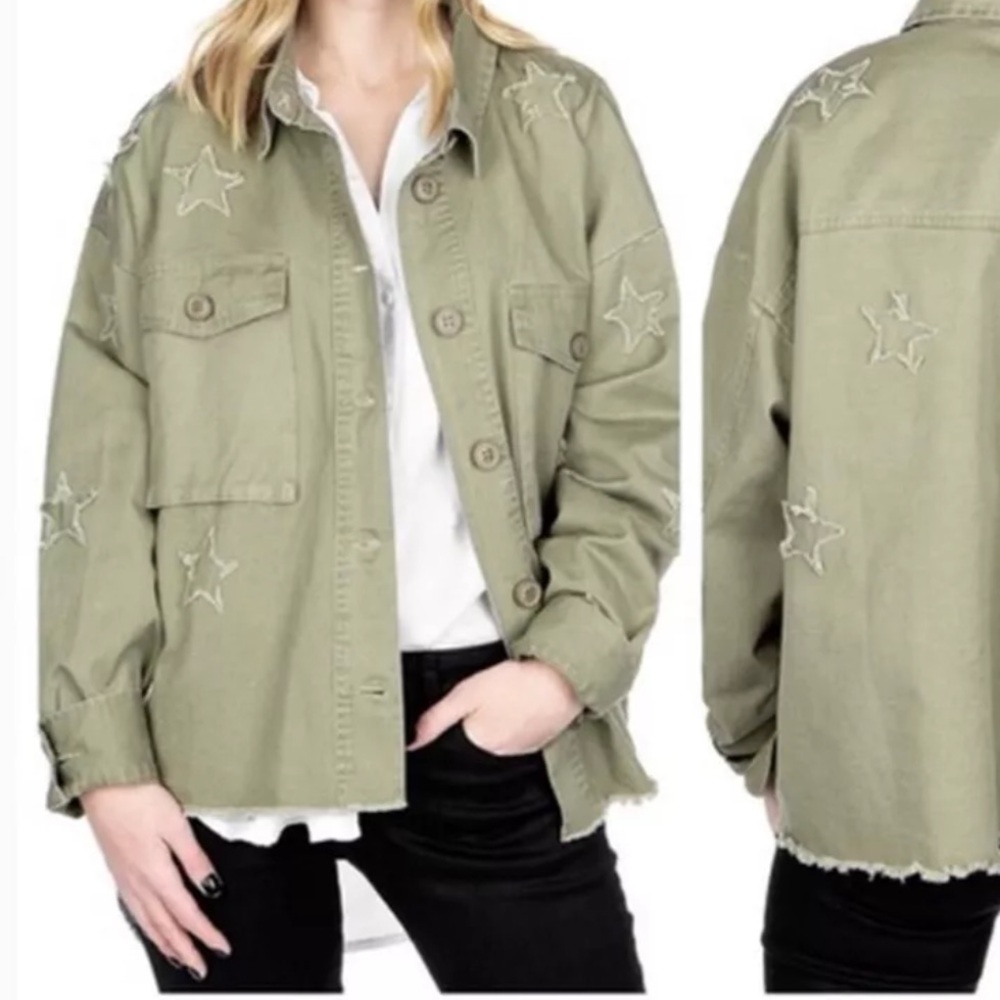 Jacket By together Army Green oversized distressed star patch raw hem Medium